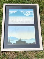 Two framed Roy Vickers prints shown together in one frame outdoors on grass.