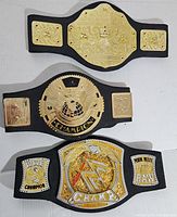 Top view of the three WWE championship replica belts placed side by side showing the front gold plates with engraved WWE logos and titles.