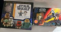 Star Wars crochet kit with characters and project details visible alongside the Star Wars Imperial Speeder Bike box showing the Biker Scout figure and bike.