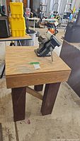 Larin 5-inch bench vise mounted on homemade wooden table showing top and side view