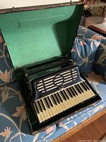 Black Alfa Pivena Ancona accordion inside worn black hard case with green felt lining on a floral couch.