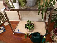 Full frontal view of the metal and glass bar cart, glass shelves are clear, metal frame is chrome or stainless steel, cart on caster wheels.