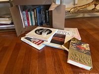 Photo showing an open cardboard box containing assorted hard cover and soft cover books along with some books arranged outside the box on a wood floor.