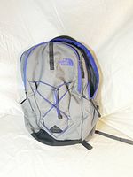 Front and side view of The North Face Borealis backpack showing gray color with purple detailing and bungee system.