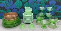 Overall lot arrangement of amber carnival glass, jadeite and depression glass pieces