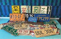 Full spread of approximately 36 vintage collector license plates from multiple states and years with various colors and conditions visible