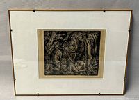 Full view of the framed etching showing the entire artwork, frame, and matting.