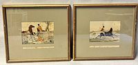 Pair of framed oil paintings side by side showing equestrian scenes with riders on horses.