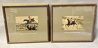 Pair of framed paintings showing a horse rider and dogs in countryside scenes with signs of wear on frames.