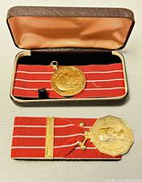 Canadian Forces gold plated medallion coin with red striped ribbon inside a presentation box.