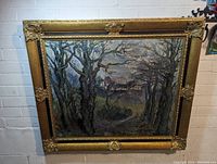 Frontal image of the antique oil painting in gold gilt frame, showing the full artwork, detail in frame corners, and artist's signature.