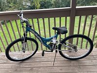 Side view of one full suspension mountain bike in blue and silver on a wooden deck.