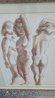 Close-up of the pastel drawing showing three nude female figures in shades of brown with detailed anatomy and soft shading.