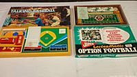 Photo showing both boxed board games: Mattel Talking Baseball and Jims Lectra Matic Option Football, with game boards visible and boxes positioned behind.