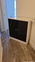 Front view of the black and white cabinet showing glossy black doors with silver handles and white painted cabinet body.