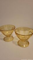Pair of yellow translucent plastic dessert glasses showing front and side view.