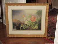 Framed floral and butterfly print showing full frame and mat with flowers and butterflies centered.