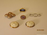 Full lot photo showing all 6 brooches and pins arranged on white background.