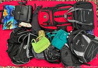 Photo of 10 assorted bags in various colors and styles laid out on red surface including backpacks, tote bags, and handbags.