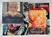 Five art books laid out flat, covers visible including Colville, Discovering Angels, Inside the Vatican, Johannes Vermeer, and Ivan Allbright.