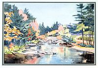 Watercolour painting of a river scene with trees and rocks, bright bold colors, no frame or mat visible