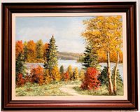 Front view of framed painting showing entire autumn landscape