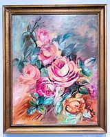 Framed oil on board floral still life by Eva Hinding, showing entire painting and wood frame with minor wear.