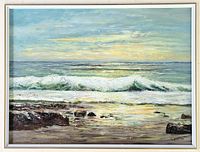 Framed oil painting of a detailed ocean scene showing waves rolling onto rocks with calm cloudy sky.