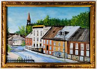 Frontal view of entire framed painting showing the street scene with buildings, people, trees, and church steeple under a blue sky.