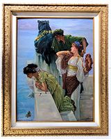 Frontal photo of large framed oil painting showing three classical figures on balcony with lion statue and ocean background.