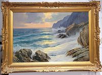 Full frontal shot of framed painting showing overall composition and frame style