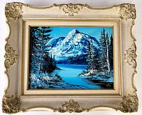 Framed oil painting showing full view including vintage ornate wooden frame in distressed cream color.