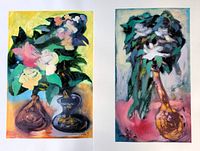 Both abstract acrylic paintings on paper by Victor Colesnicenco, displayed side-by-side, showing colorful floral arrangements in vases. Signed and dated 2001.