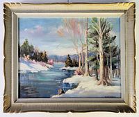 Framed oil painting showing the entire artwork and frame, highlighting the riverside winter forest scene.