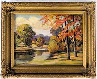 Front view of framed painting showing full landscape scene and frame design