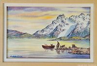 Close-up of the watercolour painting showing the detailed landscape scene with signature visible bottom left.