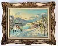 Full view of framed painting showing entire winter landscape scene