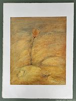 Full view of unframed original oil and encaustic painting on paper by Sophie R. Hallonquist depicting a stylized single tree with orange top on textured warm background.