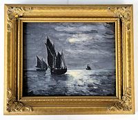 Full front view of the vintage oil painting showing three sailboats on a moonlit sea in an ornate gold wooden frame.