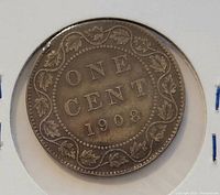 Reverse side showing 'ONE CENT' and the date 1908 surrounded by a maple leaf wreath.