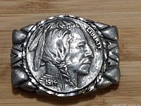 Front view showing replica 1916 USA Buffalo nickel design on money clip