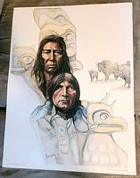 Full view of signed lithograph showing Indigenous men, animals, and totemic carvings.