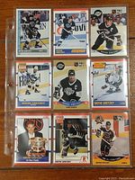 Nine Wayne Gretzky hockey cards displayed flat in plastic sleeve, showing various cards from 1990 and 1992, in near mint/mint condition.