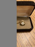 Hexagonal pendant with mother-of-pearl inlay and gold-tone chain in carrying case, showing condition and details.
