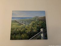 Painting showing a wooden boardwalk over green foliage leading to the ocean under a clear sky.