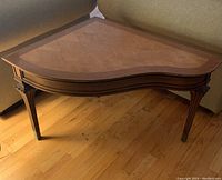 Wooden corner end table with parquet wood top and fluted legs