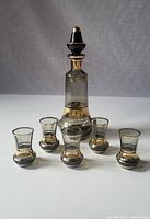 Full view of decanter and 5 matching sipping glasses, showing gold decorative lines and stopper.