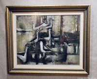 Full view of the framed pastel artwork showing a group of pigeons in muted colors and a dramatic gold-tone frame.