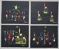 Four matching mid-century modern paintings of abstract plant and animal shapes on black backgrounds with vibrant colors