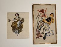 Both vintage rughook pieces displayed side by side. Left is Victorian girl, right is framed flower and butterfly.